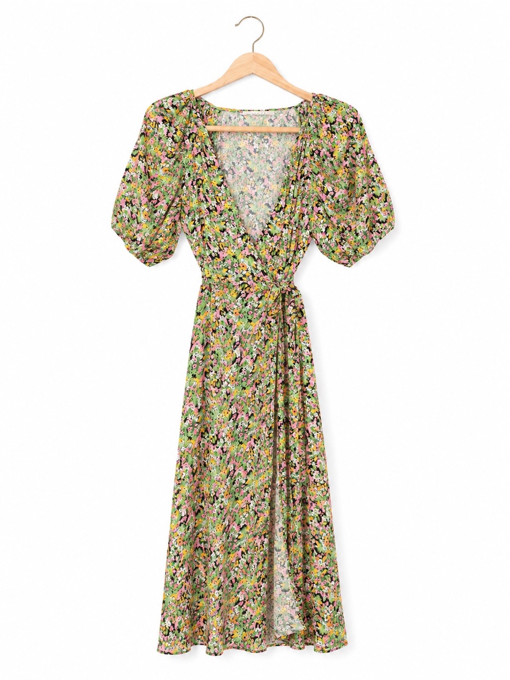 Astr Floral Puff Sleeve Maxi Dress in Green with Pink and Yellow